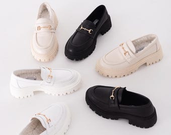 Weiß Leder Chunky Penny Loafers, Breite Zehenbox