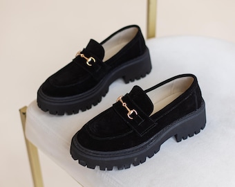 Black Suede Women's Loafers, Chunky Sole, Metal Detail