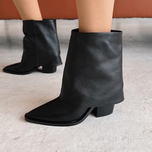 Black Leather Cowboy Boots for Women, Western Boots, Slouchy Cowgirl Boots, Handmade Leather Boots, Trendy Ankle Boots