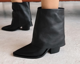 Black Leather Cowboy Ankle Boots, Slouchy Western Cowgirl Boots