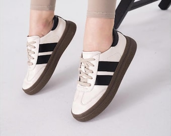 White Leather Sneakers, Retro Casual Trainers, Black Stripe Detail