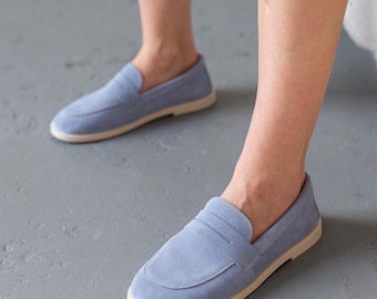Handgjorda barfota loafers i mocka för kvinnor, anatomisk vintagestil