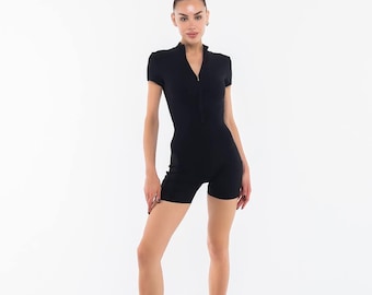 Cropped Zip-Up Yoga Jumpsuit | Fitted Activewear Romper