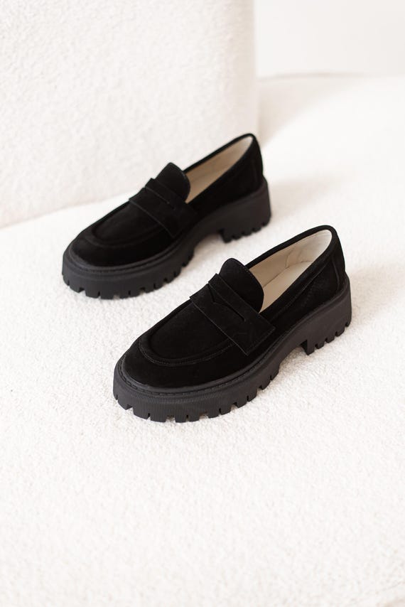 Black Suede Platform Loafers, Chunky Slip-On Shoes