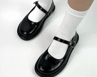 Black Leather Mary Jane Shoes, T-Strap Loafers, City Flats