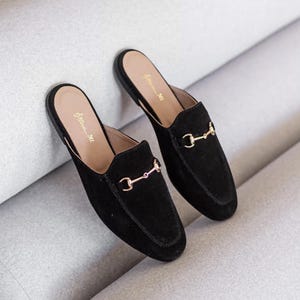 Leather Suede Mules Women, Black Mules Shoes Women with Golden Hardware, Loafers, Suede Shoes for Women, Autumn Shoes, Handmade Women Shoes