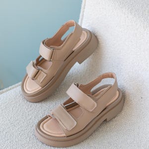 Beige Leather Sandals for Women, Comfortable Summer Shoes, Chunky Platform Sandals, Adjustable Velcro Straps, Casual Open-Toe Sandals