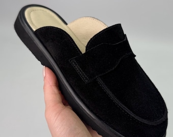 Handcrafted Suede Mule Loafers, Backless Leather Shoes
