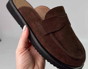 Handcrafted Suede Mule Loafers, Vintage Style Leather Mules