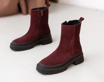 Burgundy Suede Chelsea Boots, Chunky High Sole, Zipper Boots