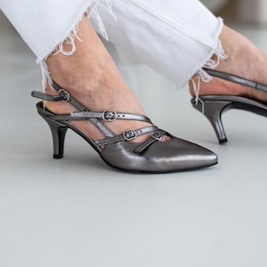 Classic Leather Slingback Pumps, Pointed Toe Special Occasion Shoes, Stiletto Heel Shoes, Kitten Heel Shoes, Custom Color Shoes