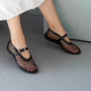 Women&#39;s Mesh Ballet Flats, Transparent Mary Jane Shoes, Breathable Summer Flats with Strap, Lightweight Casual Shoes