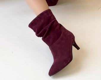 Burgundy Suede Ankle Boots, Low Heel Leather Boots