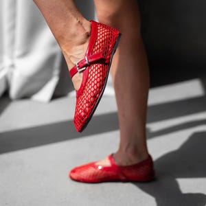 Red Mesh Mary Janes with Round Toe, Sheer Fishnet Ballet Shoes, Transparent Women Barefoot Flat Shoes, Fishnet Ballet Shoes