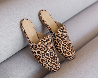 Handmade Leopard Print Suede Mules, Pointed Pony Skin Slides