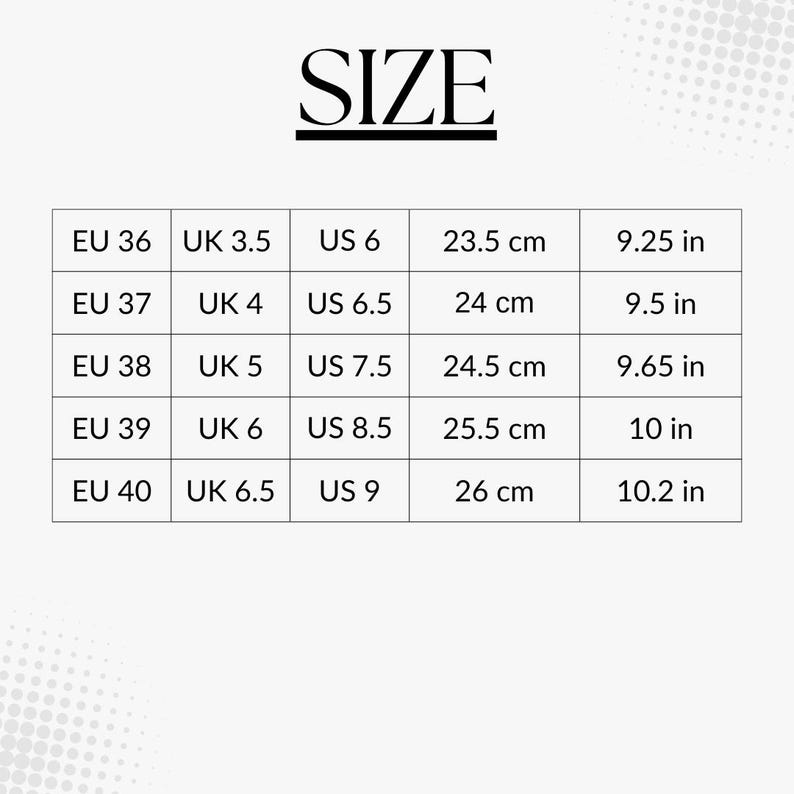 K&ouml;nnte beinhalten: Eine Gr&ouml;&szlig;entabelle f&uuml;r Schuhe mit Ma&szlig;en in US, UK, EU Gr&ouml;&szlig;en, Zentimetern und Zoll.