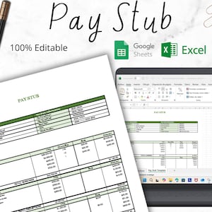 May include: A green and white pay stub template for Google Sheets and Excel. The template is 100% editable and includes sections for pay stub information, earnings, deductions, and total earnings.