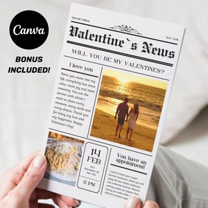 バレンタインデー新聞、バレンタインポスト新聞、オリジナルバレンタインデーカード、バレンタインデー編集可能Canvaテンプレート、カスタム新聞