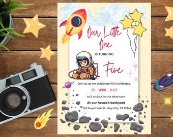 Plantilla de invitación de cumpleaños espacial / Cumpleaños de astronauta editable / Invitación de cumpleaños / Tema de galaxia espacial / Descarga digital de Canva