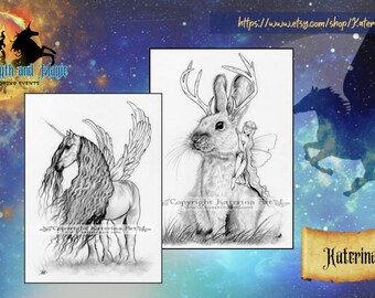 Pack of two Printable Coloring Pages Animals of Myth Instant Download Grayscale Images  Fantasy Art by Katerina Art