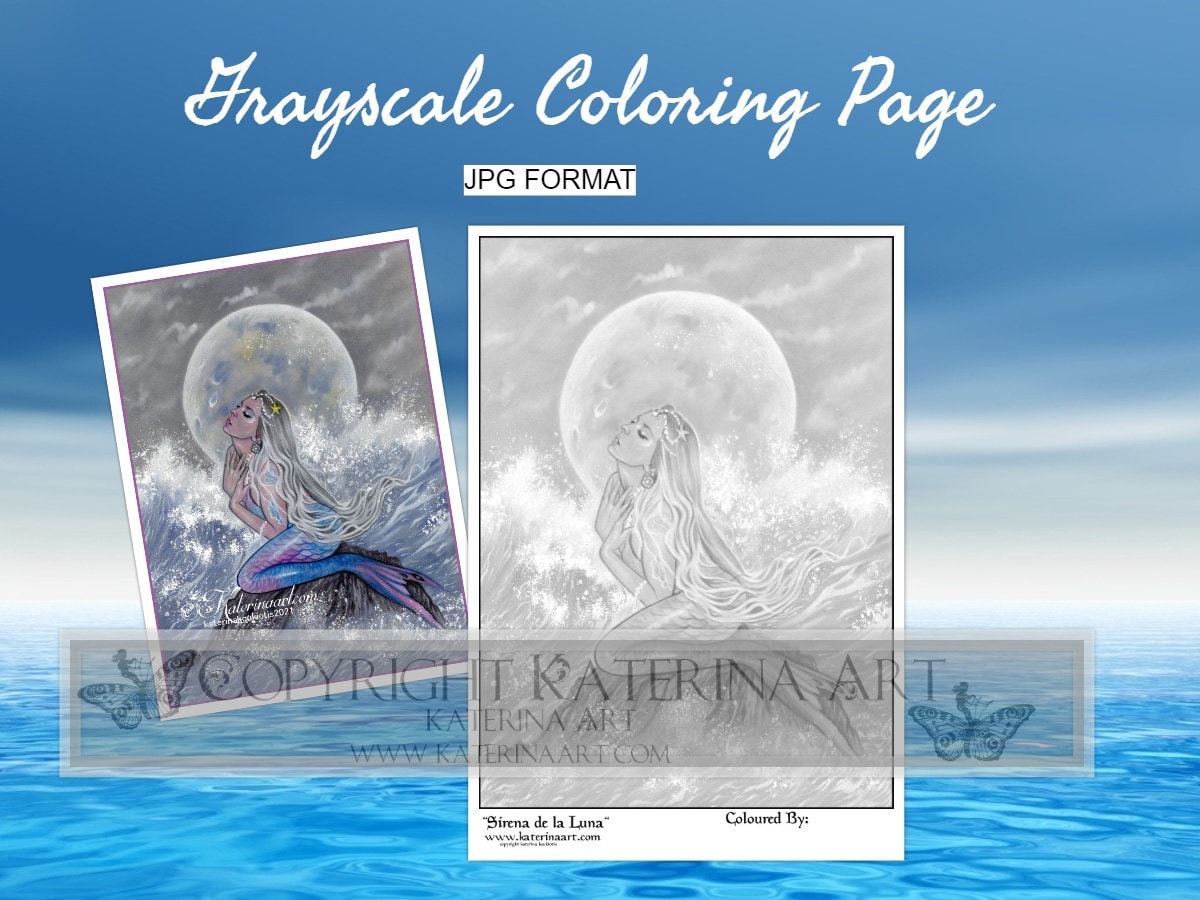 Printable Instant Download Coloring Page Grayscale Coloring Page Katerina Art Mermaid Fantasy Art