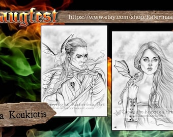 Pack of two Printable Coloring Page Instant Download Grayscale Images  Fantasy Art by Katerina Art Dragon prince and Dragon  princess