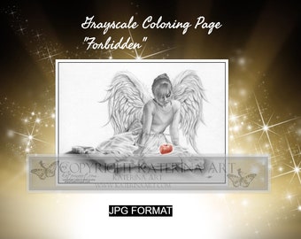 Printable Coloring Page Instant Download Grayscale Image Fantasy Art by Katerina Art Forbidden Angel