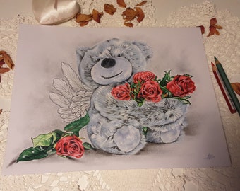 Original Color  pencil   drawing Teddy Bear Roses fantasy art Katerina Art Roses are red