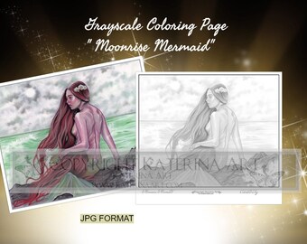 Printable Coloring Page Instant Download Grayscale Image Fantasy Art by Katerina Art MOONRISE MERMAID