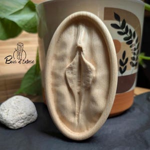 Può includere: Un'intaglio in legno di forma ovale e di colore chiaro raffigurante i genitali femminili. L'intaglio è posto su una superficie scura, con una piccola pietra e un vaso decorativo sullo sfondo. Il testo "Bois d'Extase" è visibile.