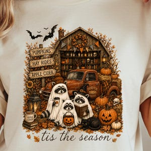 Pode incluir: Uma t-shirt cor de marfim com um gráfico de três guaxinins vestidos de fantasmas em frente a um celeiro rústico, um camião antigo, abóboras e um sinal com a inscrição PUMPKINS, HAY RIDES, APPLE CIDER. O texto 'tis the season' está impresso abaixo.
