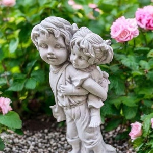 Yard children sculpture Boy and girl beton statue Home kids decor Garden children ornament Cement girl with boy figure Lawn kids art