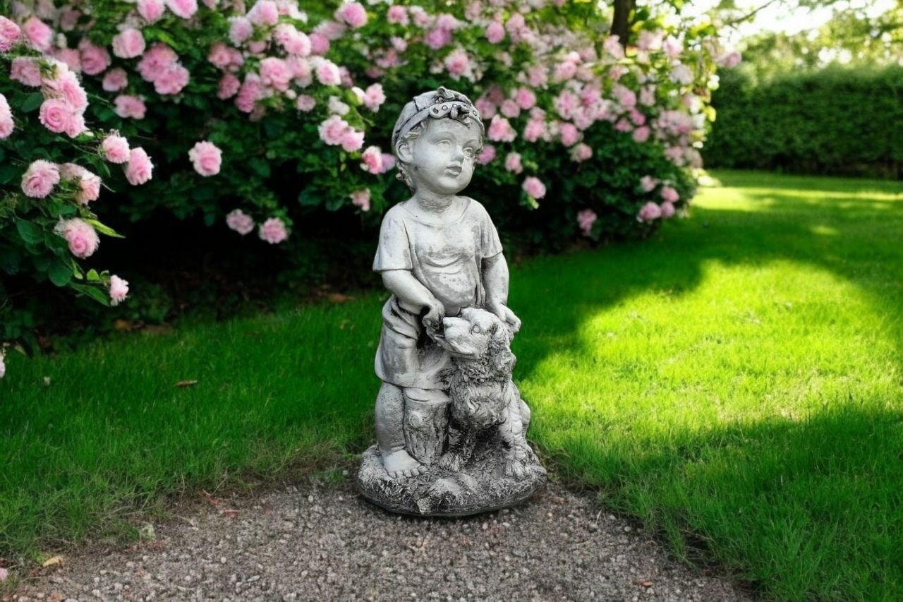 Concrete boy on base figure Outside boy with dog decoration Garden child gift statue Lawn solid ornament Backyard stone boy Realistic kid
