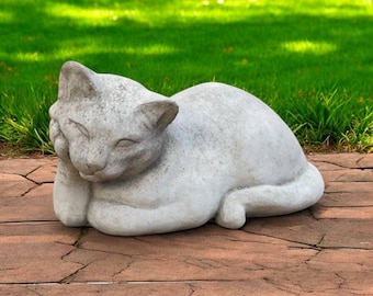 Crouching cat sculpture Lawn kitten design Outside pet decoration Stone cat ornament Garden kitty figurine Concrete cat art Home pet