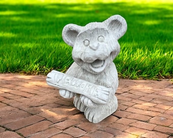 Welcome bear statue Backyard bear decoration Stone teddy ornament Outdoor welcome style Concrete animal ornament Garden bear figurine