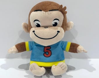 Curious George Monkey T-Shirt Blue Plush Mascot Toy Collection Sega 7” Doll Stuffed Family Animal Japan