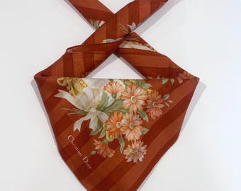 Women Handkerchief Christian Dior Floral Brown Gold Cotton Pocket Square 19” Gift for Women Bandana Neckerchief Hair Wraps Handbag