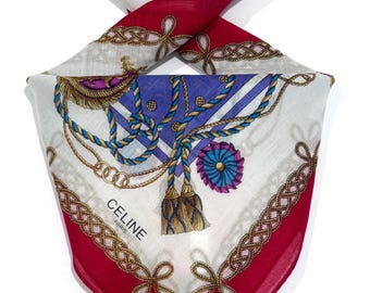 Pañuelo de bolsillo CELINE para mujer, de algodón, azul, rojo y dorado, de 18 pulgadas, regalo para mujer, moda Celine, clásico, vintage.