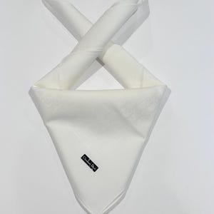 May include: A white handkerchief with a subtle pattern and a black label that reads "Christian Dior." The handkerchief is folded in a triangular shape with two rolled sections crossing over each other.