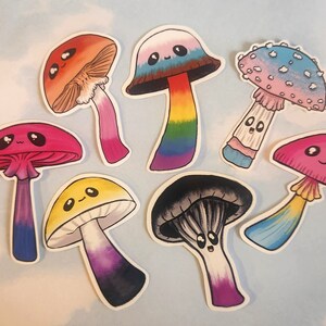 Cute Cartoon LGBTQ+ Pride Flag Mushroom Vinyl Stickers