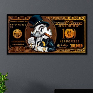 Lienzo de pato de dibujos animados para pared, lienzo de dólar, pintura de arte de dibujos animados, arte de pared, obra de arte inspiradora, dólar, pintura de arte de dibujos animados, arte de pared, dólar