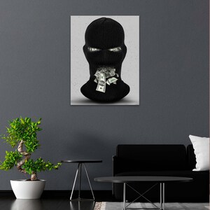 Arte de parede do homem negro, arte negra, pôster de rosto com máscara preta e dinheiro, pôsteres de gângster, arte com dinheiro, decoração de parede moderna, pôster do homem negro