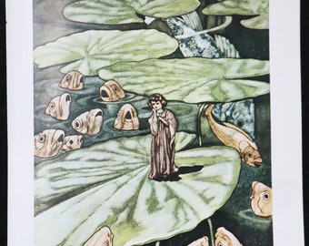 Impresión de libro de fantasía vintage - Peces pequeños y Thumberline de Charles Robinson - Pulgarcita rescatada Arte Imprimir Libro Página Cuento de hadas