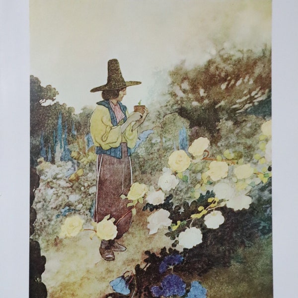 Vintage Fantasy Book Print - Hans in his garden by Charles Robinson - Rescued Art Print Book Page Fairy Tale Oscar WIlde