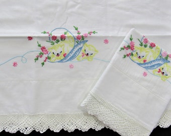 PAIR Hand Embroidered Pillowcases KITTENS in a Basket Vintage 1950s Pillowcases Crochet Lace Edging Embroidery