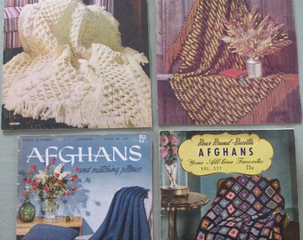 4 Vintage 1940s-70s Knit & Crochet AFGHAN Pattern Books Afghans Blanket Throws Booklets How To Knit or Crochet Patterns Knitting Crocheting