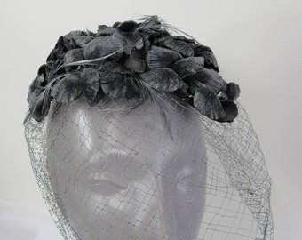 SILVER Fascinator Hat - Vintage 1960s Gray Velvet Leaves Silver on Black Netting Silver Feathers Women's Hat