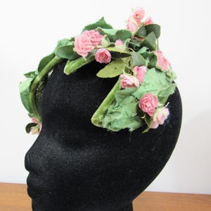 Vintage Silk Flower Casque Hat: Pink & Green Floral Fascinator