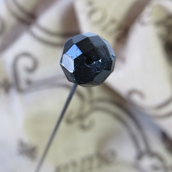 Antique Hat Pin - True Antique BLACK GLASS Faceted Ball Hat Pin Long Hat Pin Victorian Stick Pin Hatpin Hat Accessory Clothing