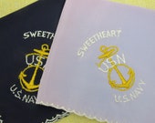 WWII Military Hankies - Set of 2 SWEETHEART Embroidered Handkerchiefs U S Navy Ladies Lavender and Navy Blue Silk Souvenir Handkerchief